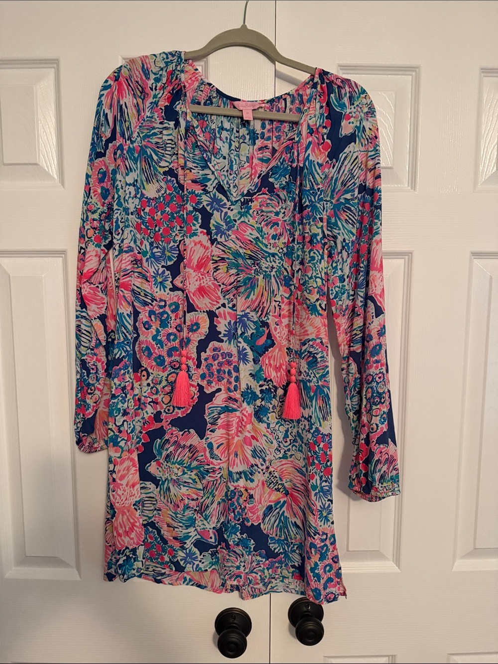 Lilly Pulitzer Navy & Pink Floral Tie-Neck Long Sleeve Dress